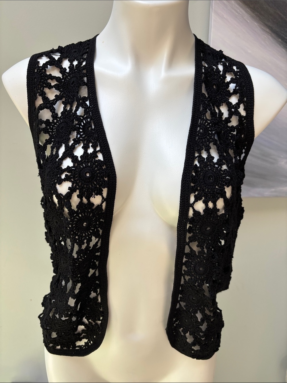 Black crochet tightly twisted cotton thread open front Front vest